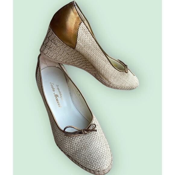 Sesto Meucci Women's Woven Natural & Gold Metallic Raffia Wedge Heels 9 M NWOT - Picture 1 of 14